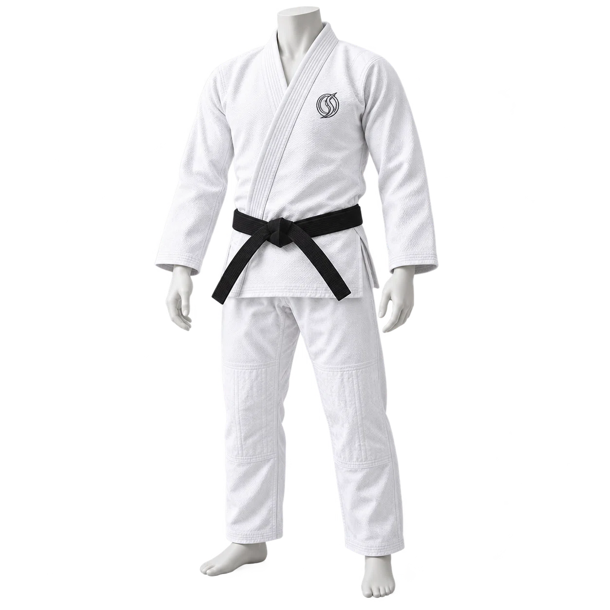 Complete white BJJ gi jacket and trousers with stitched emblem