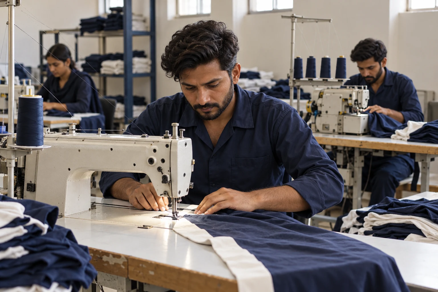 Garment-stitching illustration in a clean Pakistani apparel workshop. AI-generated illustration, not Oversky facility evidence.