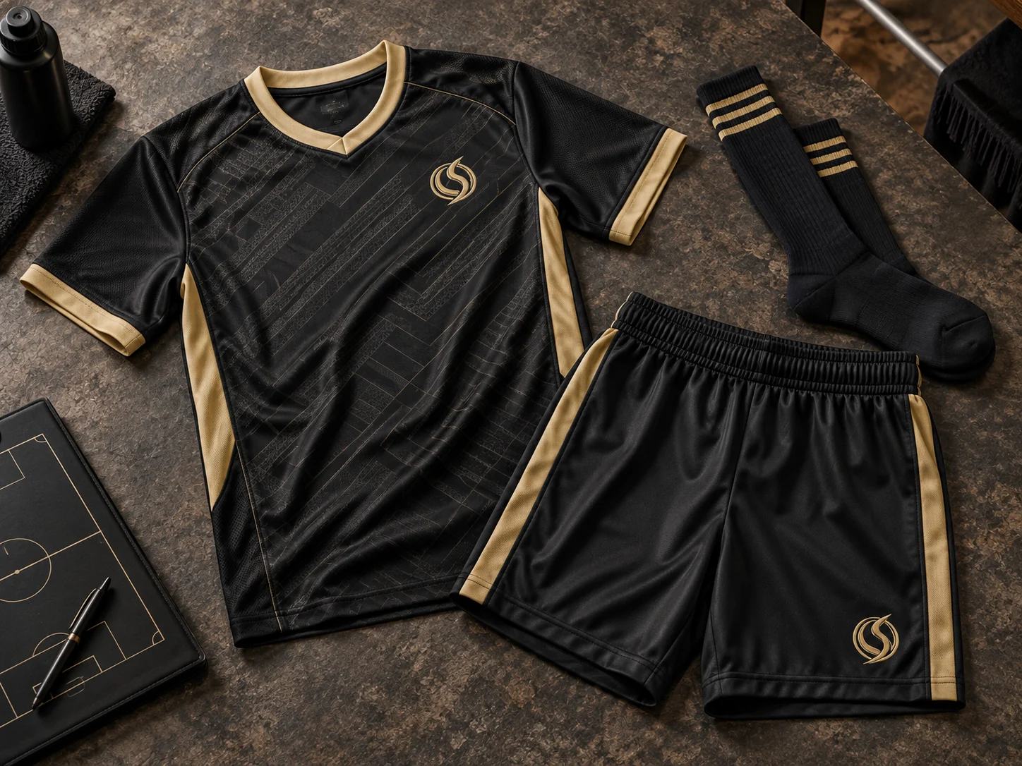 Coordinated black and gold football jersey, shorts and socks concept arranged on a table