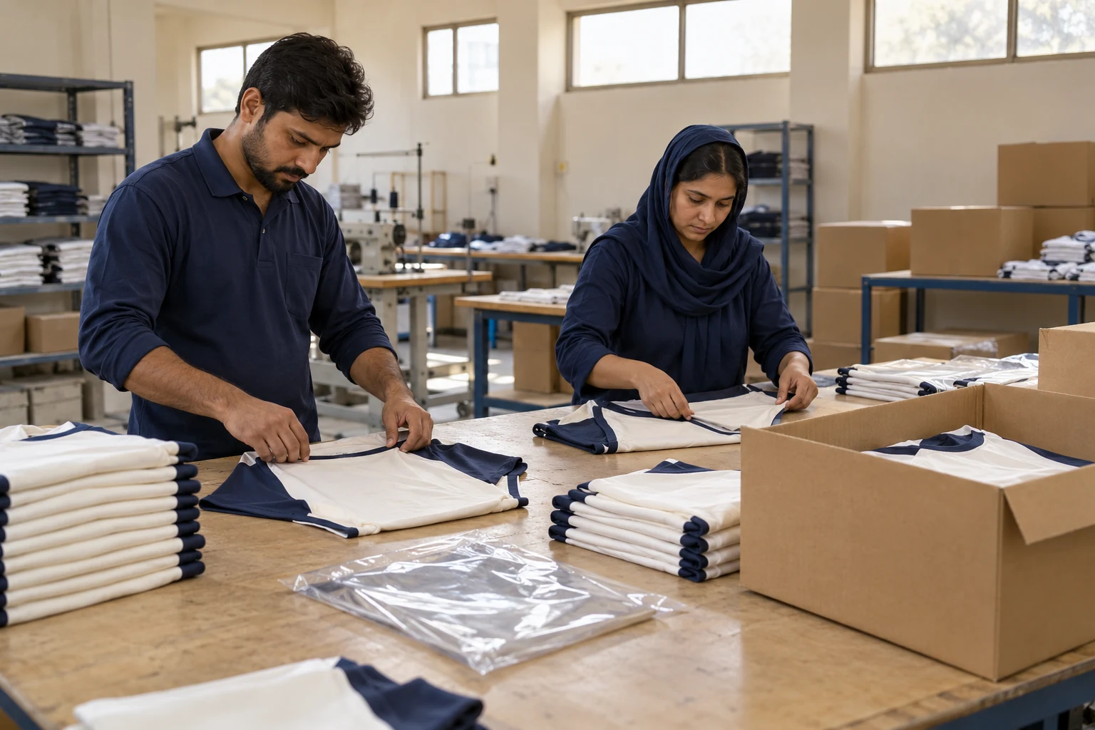 Inspection-and-packing illustration in a clean Pakistani apparel workshop. AI-generated illustration, not Oversky facility evidence.
