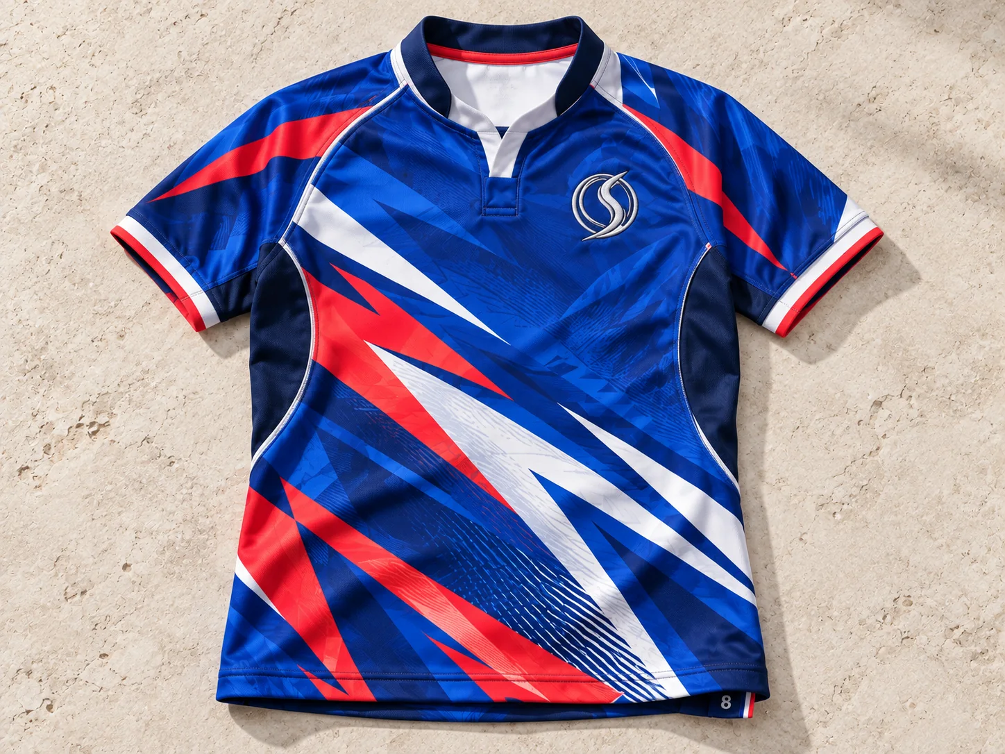 Cobalt, coral and white sublimated rugby jersey with a naturally embroidered Oversky emblem