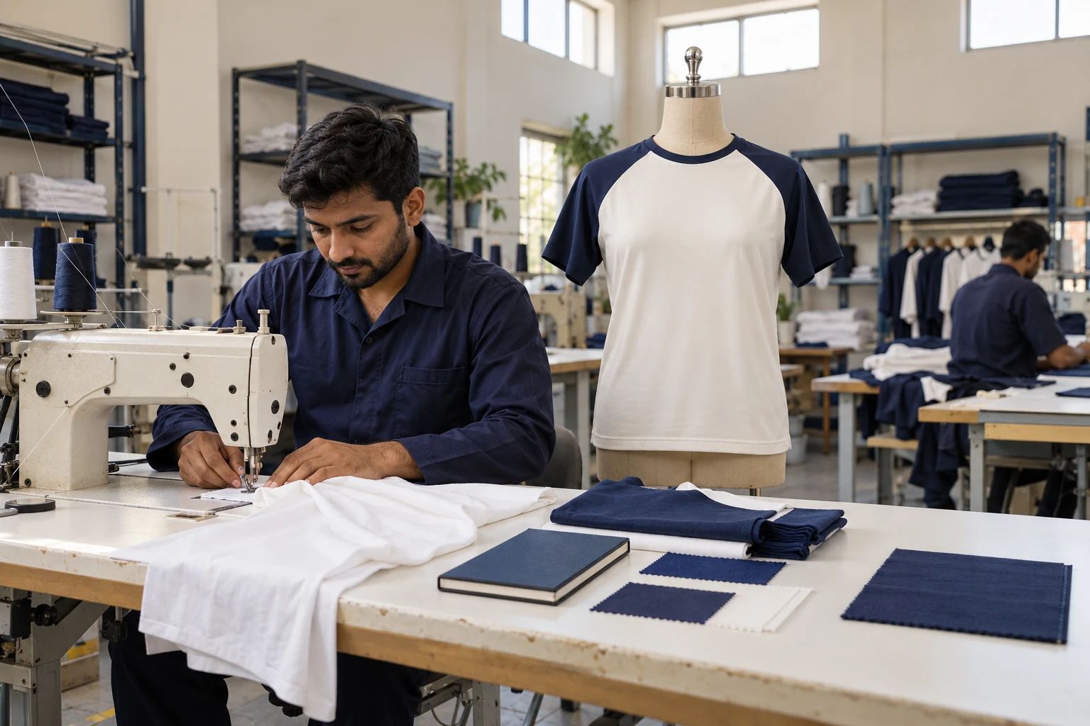 Sample-development illustration in a clean Pakistani apparel workshop. AI-generated illustration, not Oversky facility evidence.