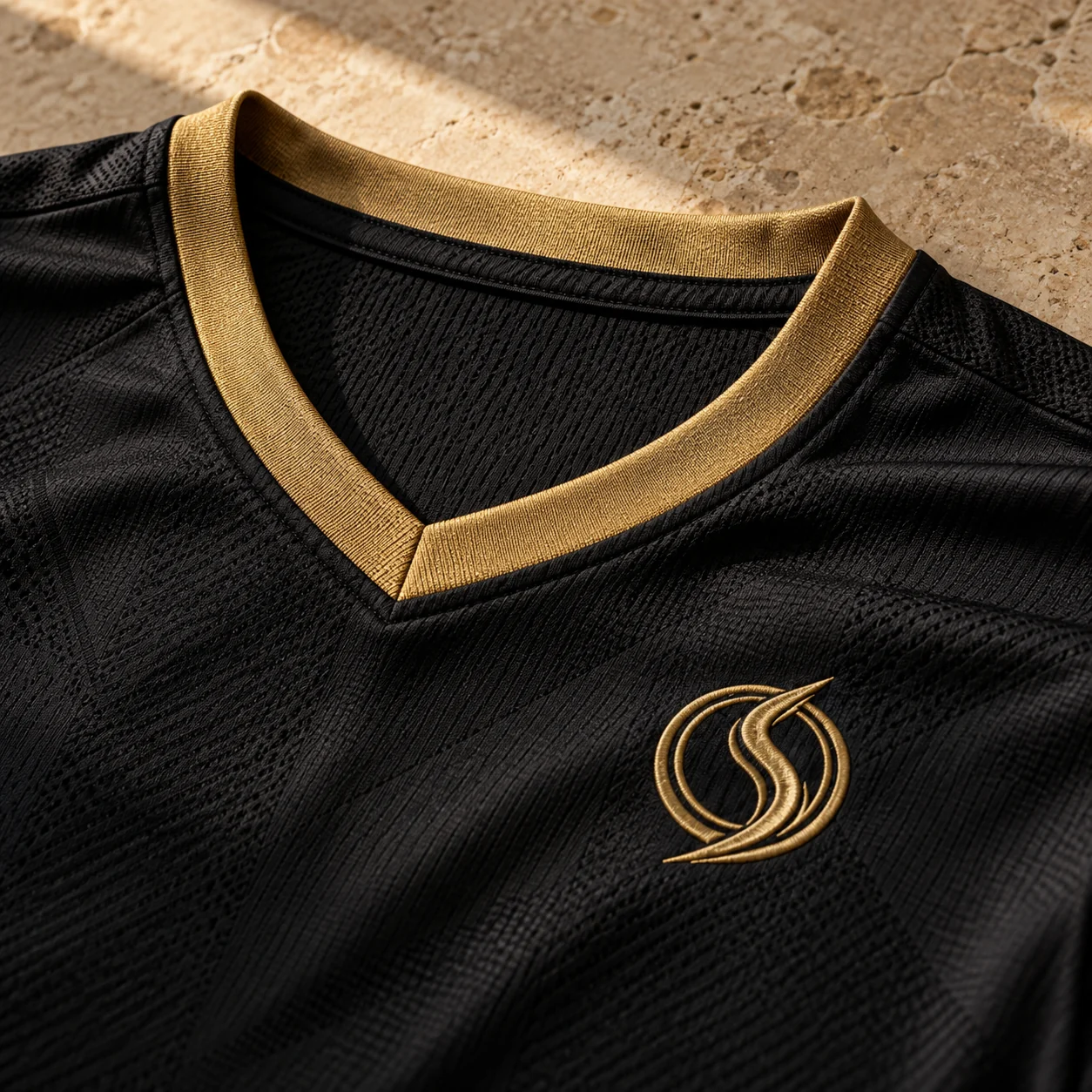 Black jersey neckline with gold trim and an integrated Oversky concept emblem