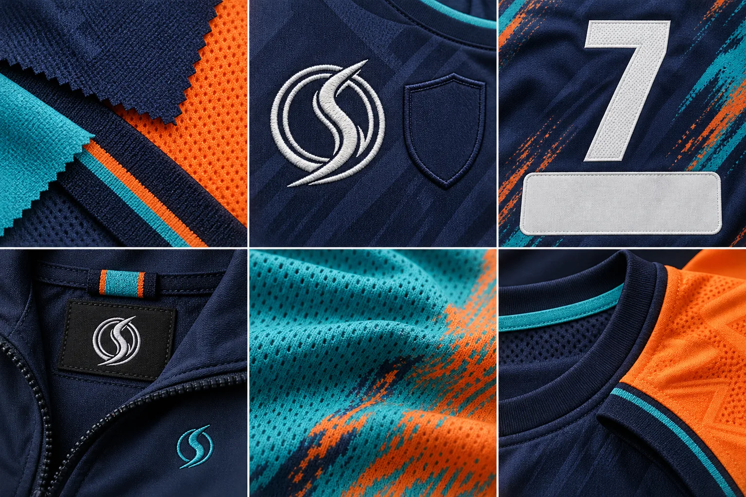 Handball fabric and trim swatches in Tangerine, turquoise, midnight blue