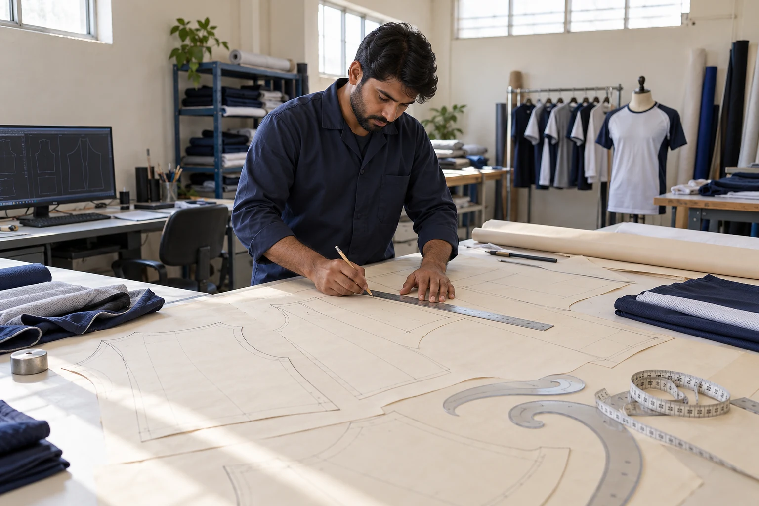 Pattern-making illustration in a clean Pakistani apparel workshop. AI-generated illustration, not Oversky facility evidence.