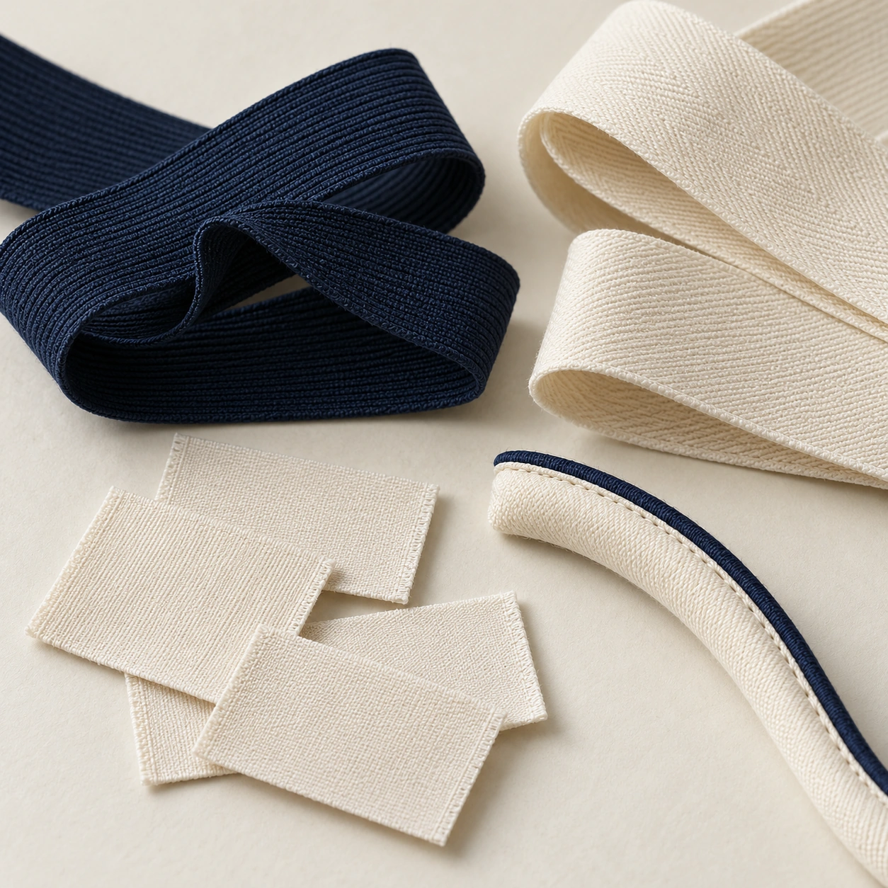 Representative elastic, binding and woven-label materials texture; generated illustration.