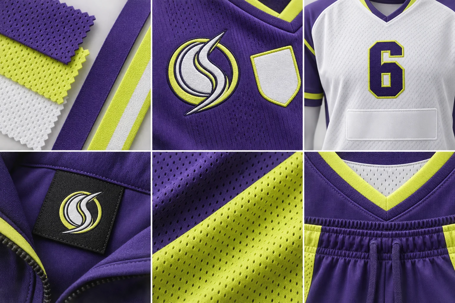 Volleyball fabric and trim swatches in Ultraviolet, citron, white