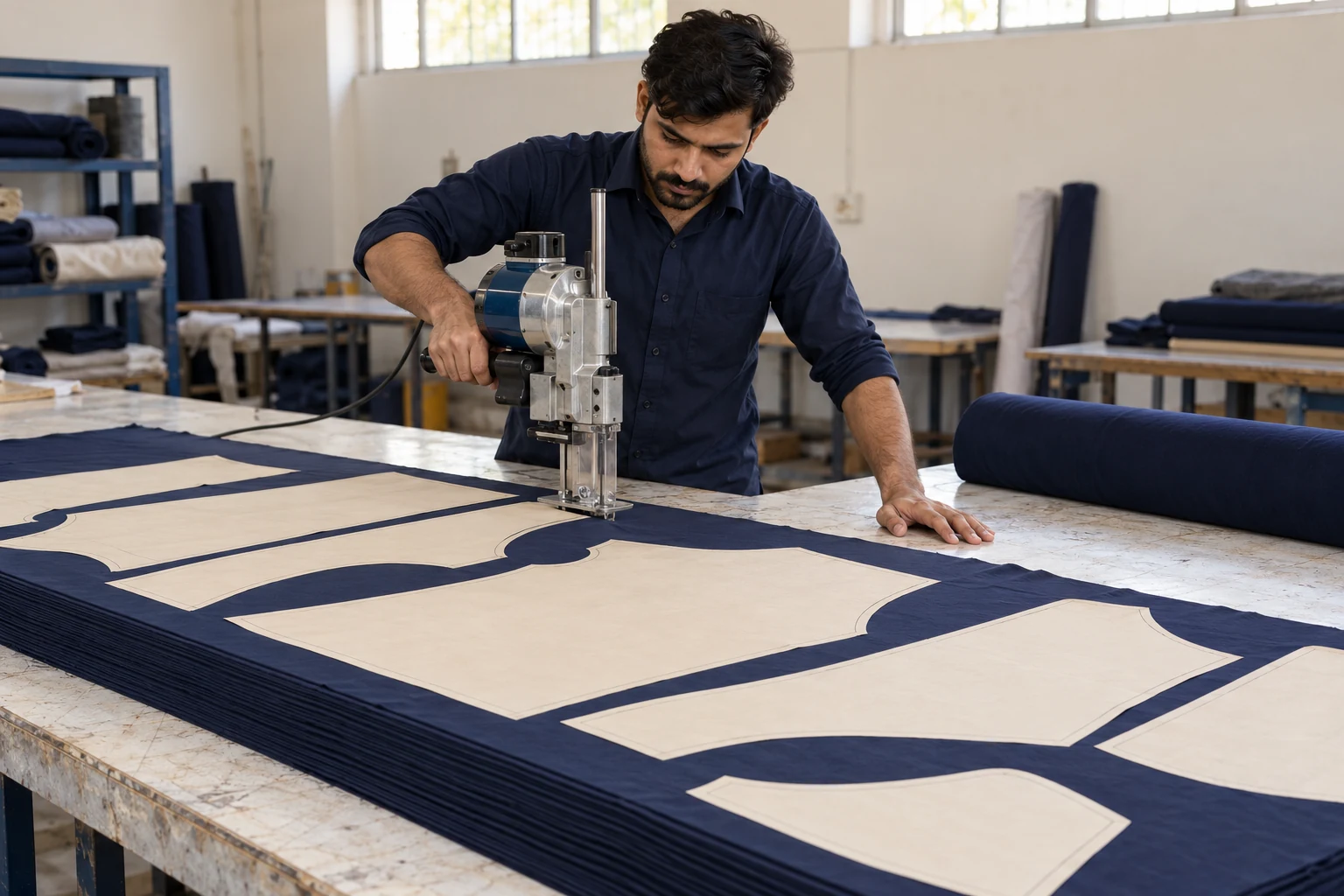 Fabric-cutting illustration in a clean Pakistani apparel workshop. AI-generated illustration, not Oversky facility evidence.