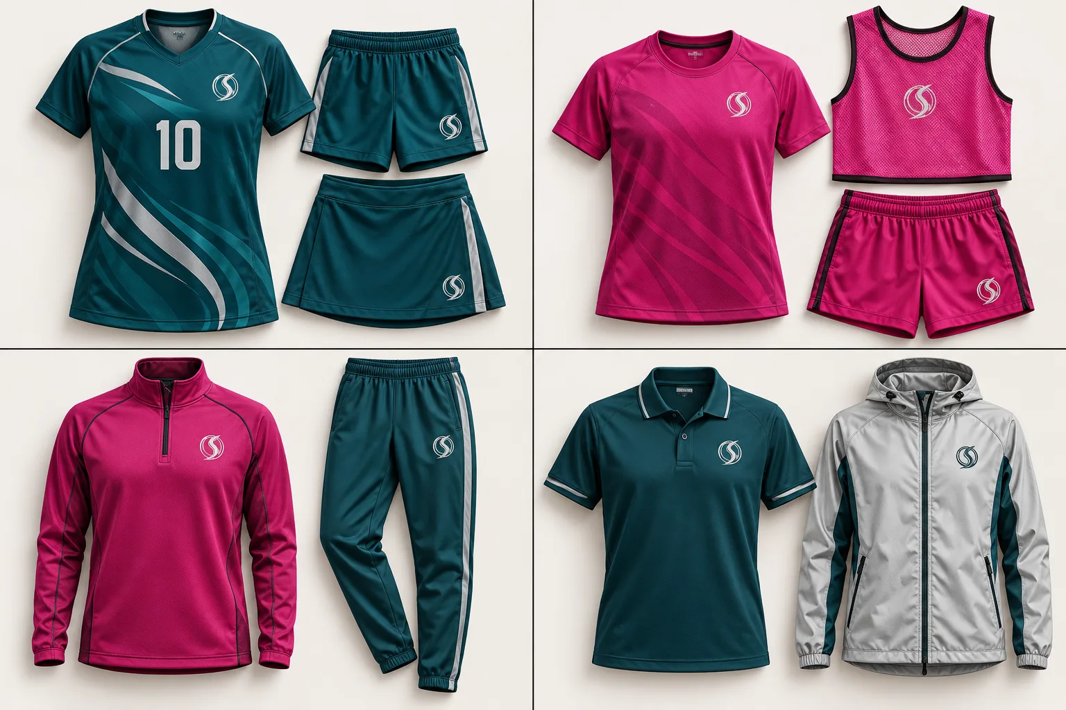 Field Hockey match apparel in Magenta, deep teal, silver