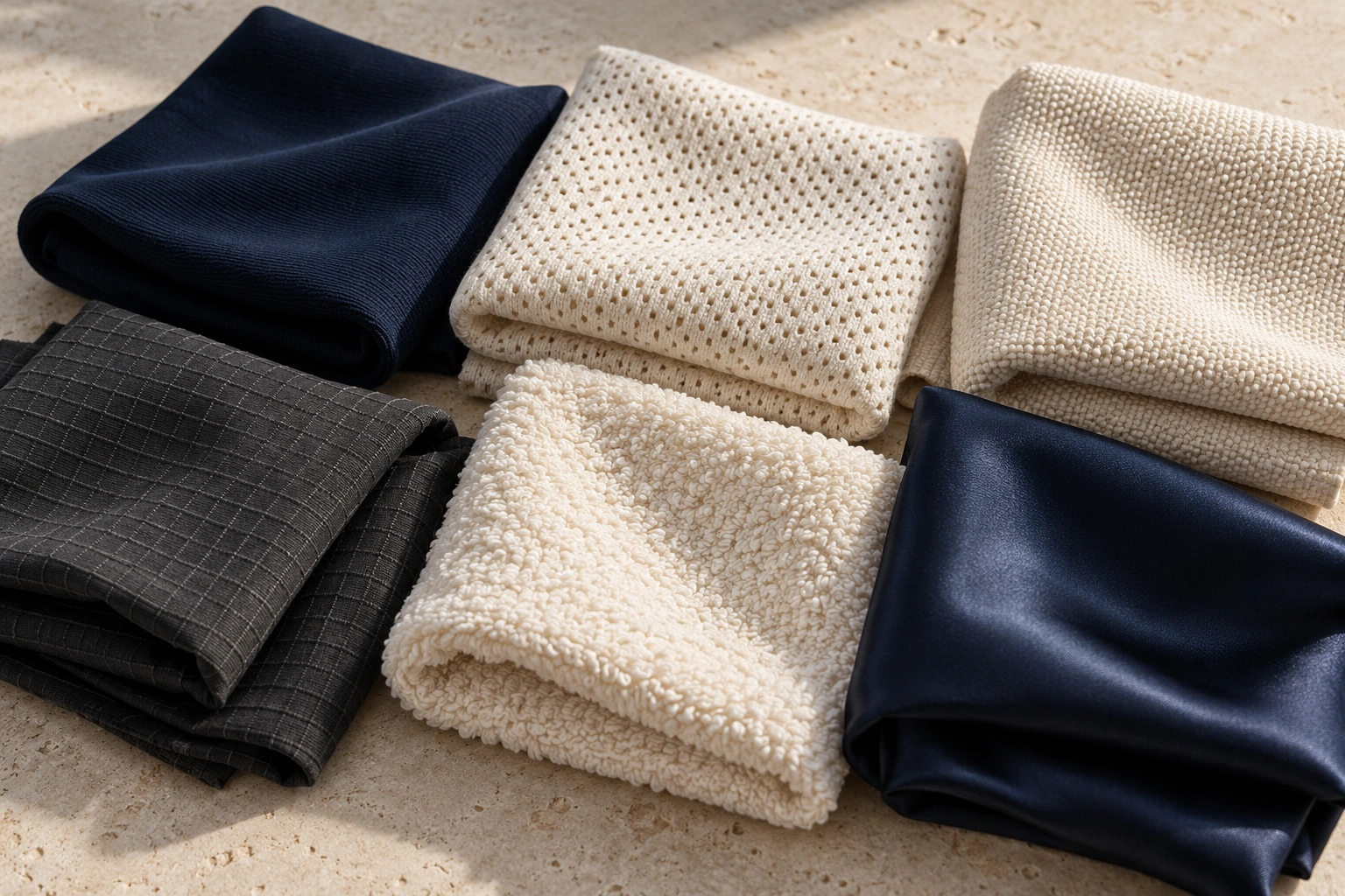 Representative performance, woven and gi fabric swatches on an ivory table.