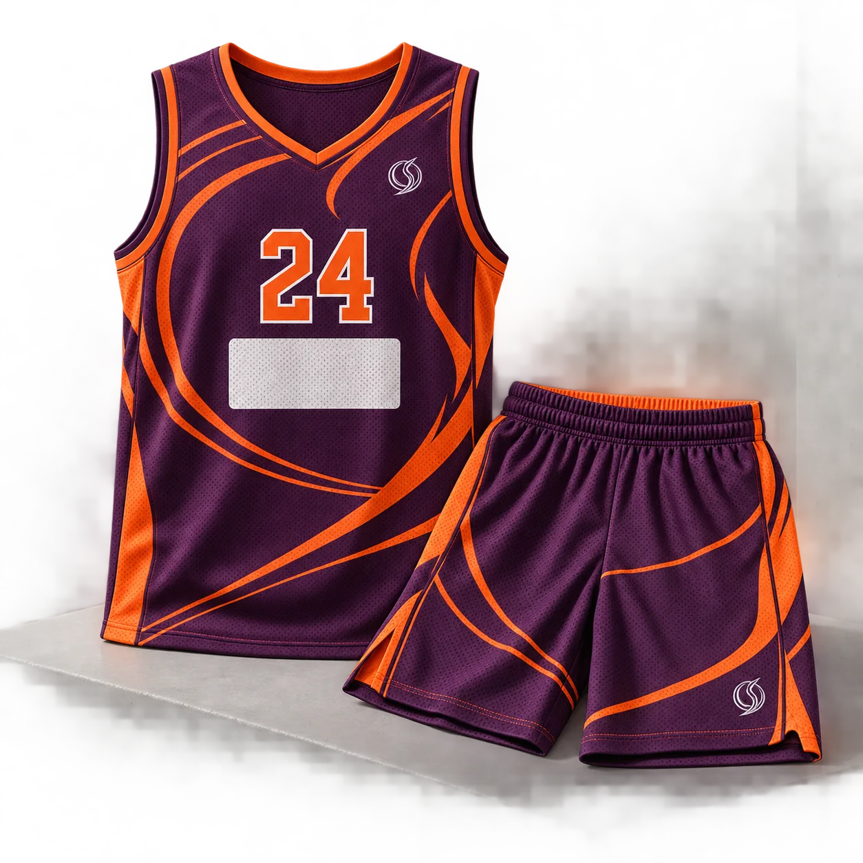 Aubergine and electric orange basketball jersey and shorts with integrated player number 24 and Oversky emblem