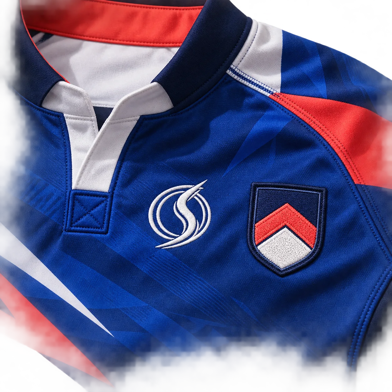 Close-up of a naturally embroidered Oversky crest and original sewn club patch on a rugby jersey