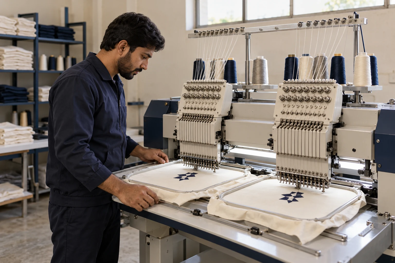Embroidery illustration in a clean Pakistani apparel workshop. AI-generated illustration, not Oversky facility evidence.