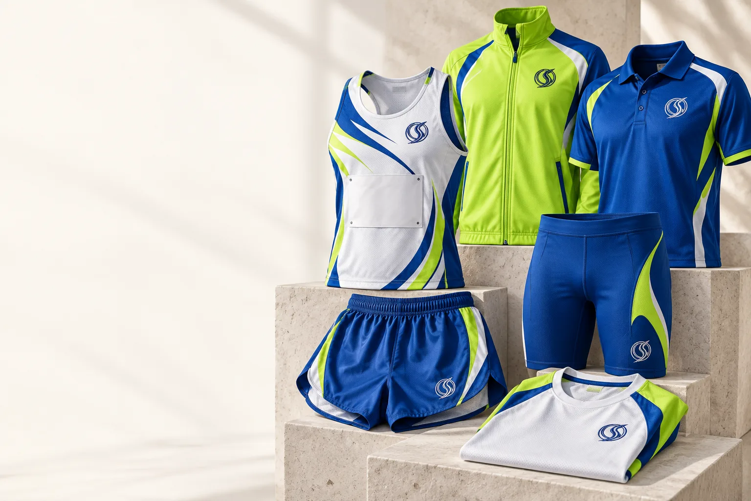 Athletics match, training, warm-up and travel garments arranged for a team collection