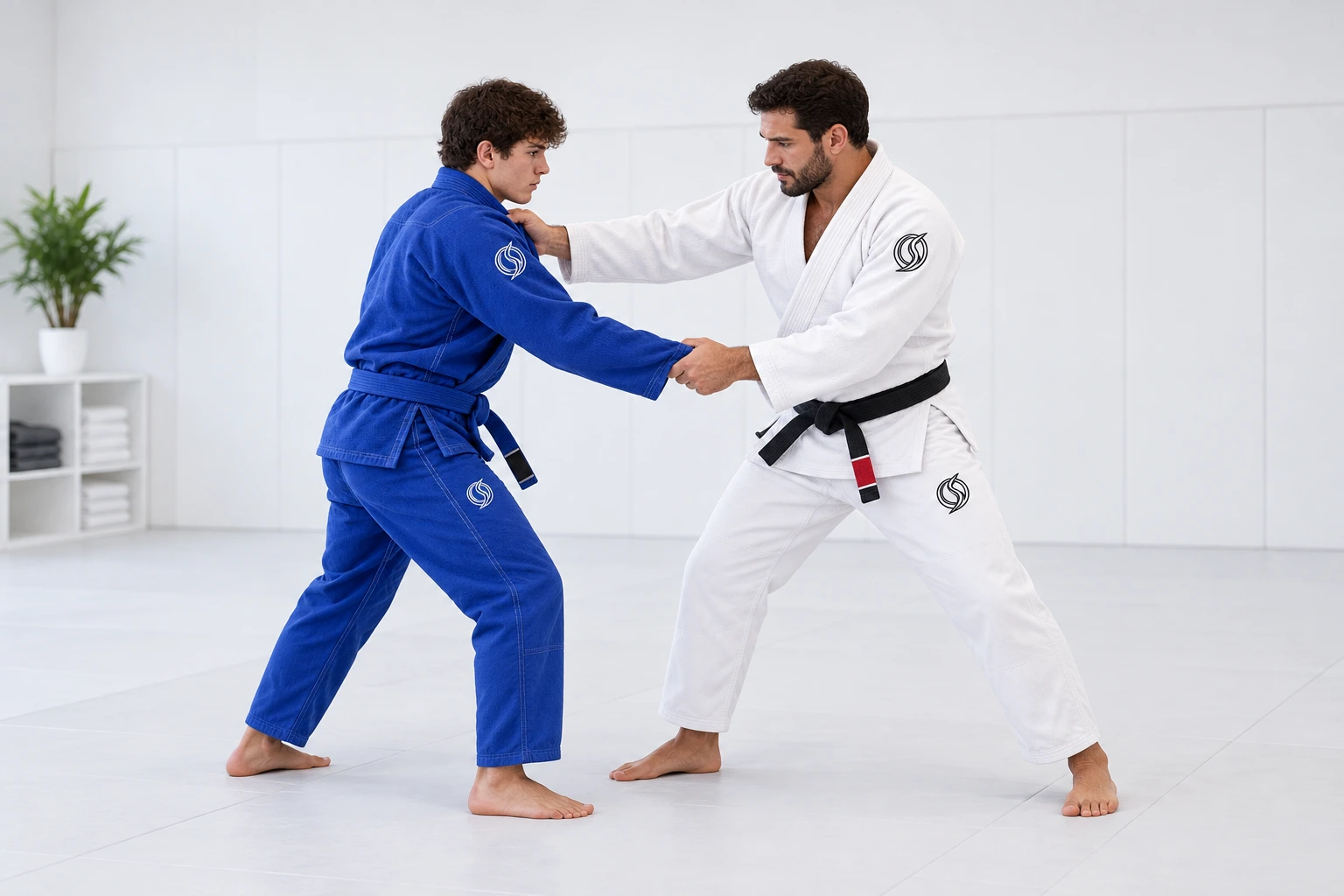 BJJ instructor and student demonstrating a controlled standing grip on mats