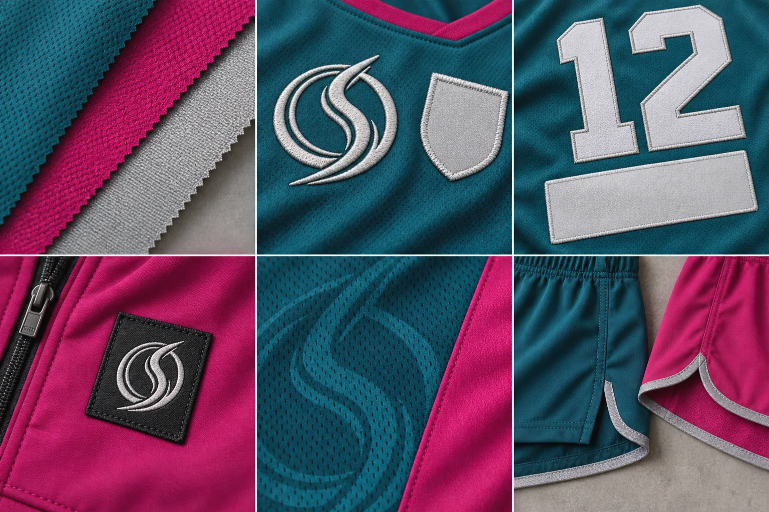 Field Hockey fabric and trim swatches in Magenta, deep teal, silver