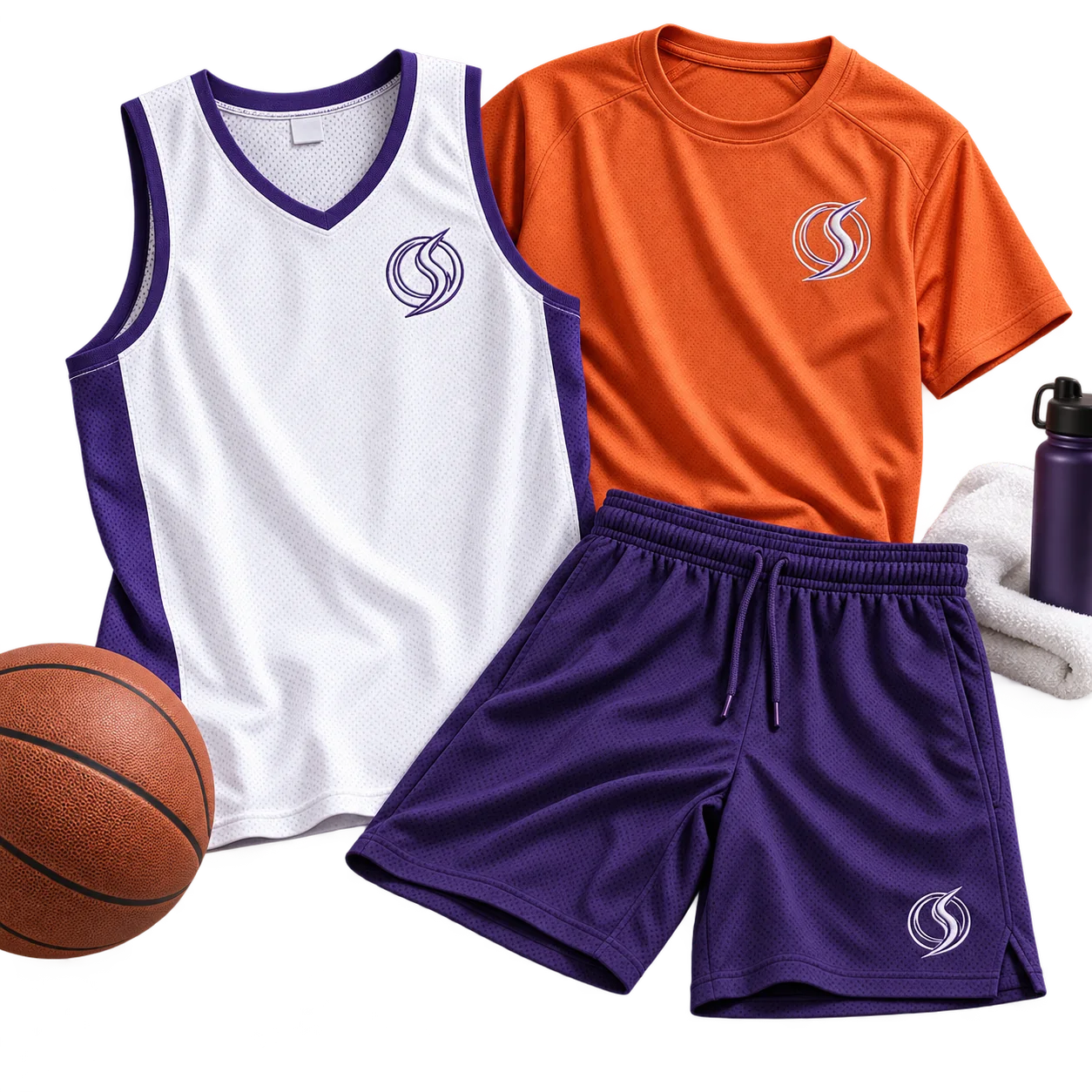 White and violet basketball practice jersey with orange performance tee and matching training shorts
