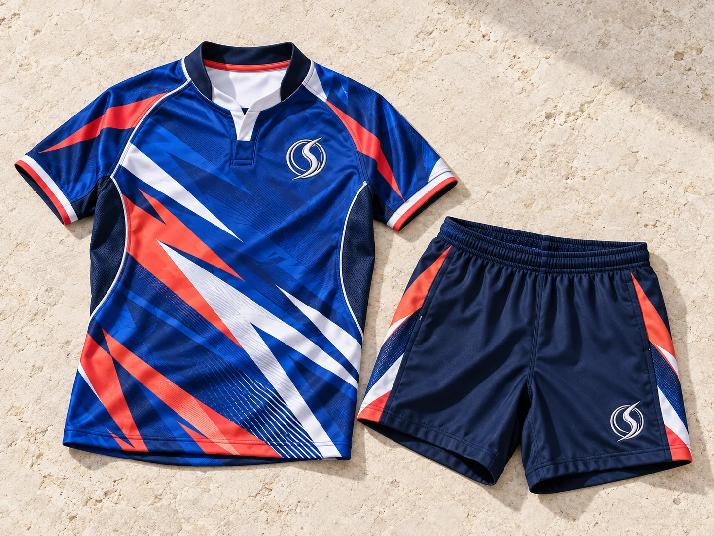 Coordinated cobalt and navy rugby training top and shorts with coral sublimated panels
