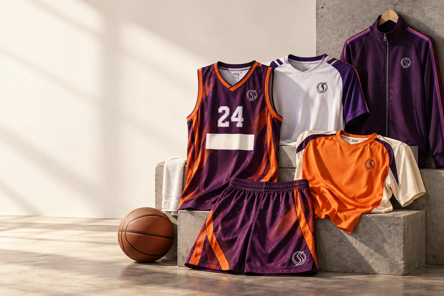 Aubergine, orange and white basketball match, training and travel garments on concrete risers with clear space for the collection headline