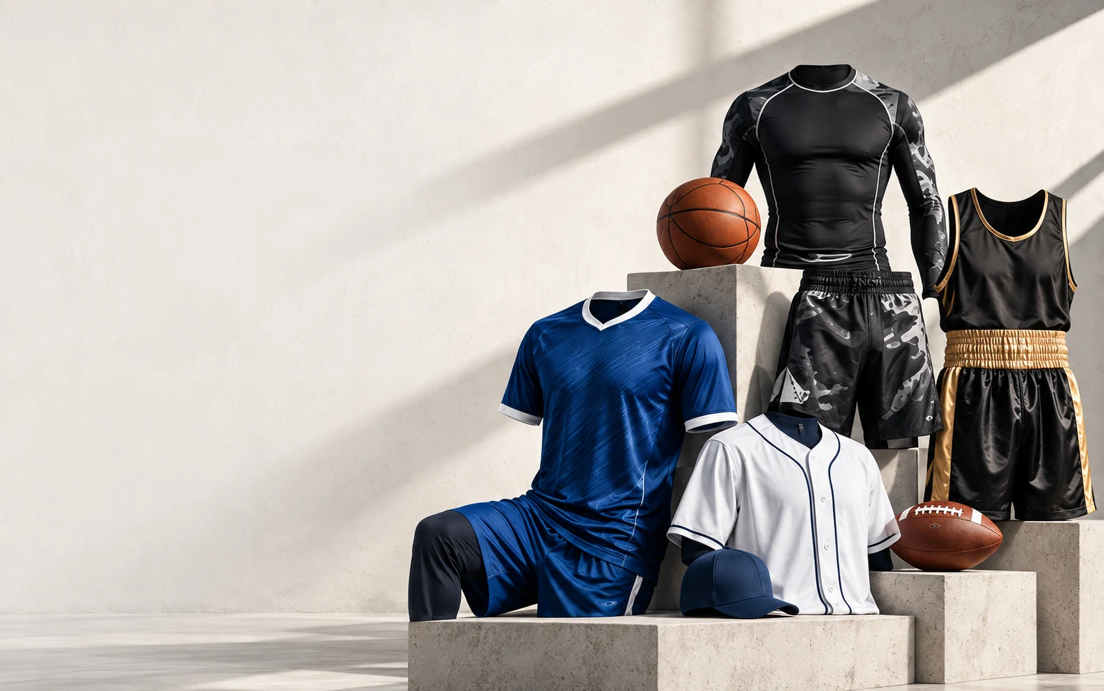 Sportswear and combat-sports kits arranged on ivory studio plinths