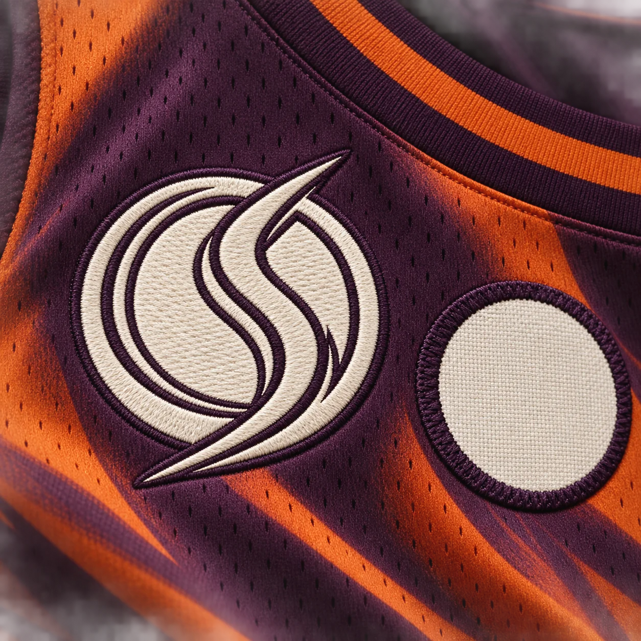 Naturally embroidered Oversky emblem and blank sewn patch on basketball mesh