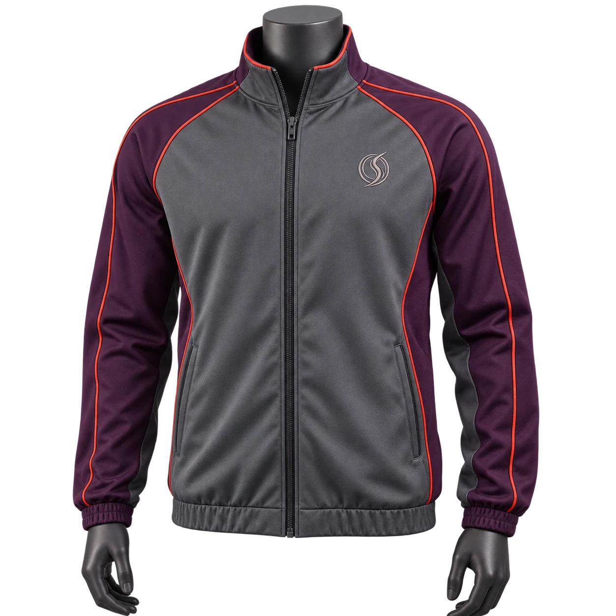 Graphite academy warm-up jacket with aubergine and vermilion trim