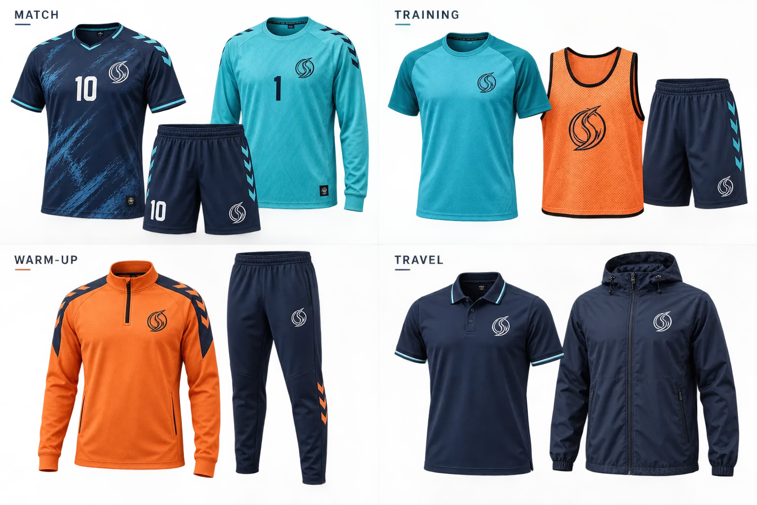 Handball match apparel in Tangerine, turquoise, midnight blue