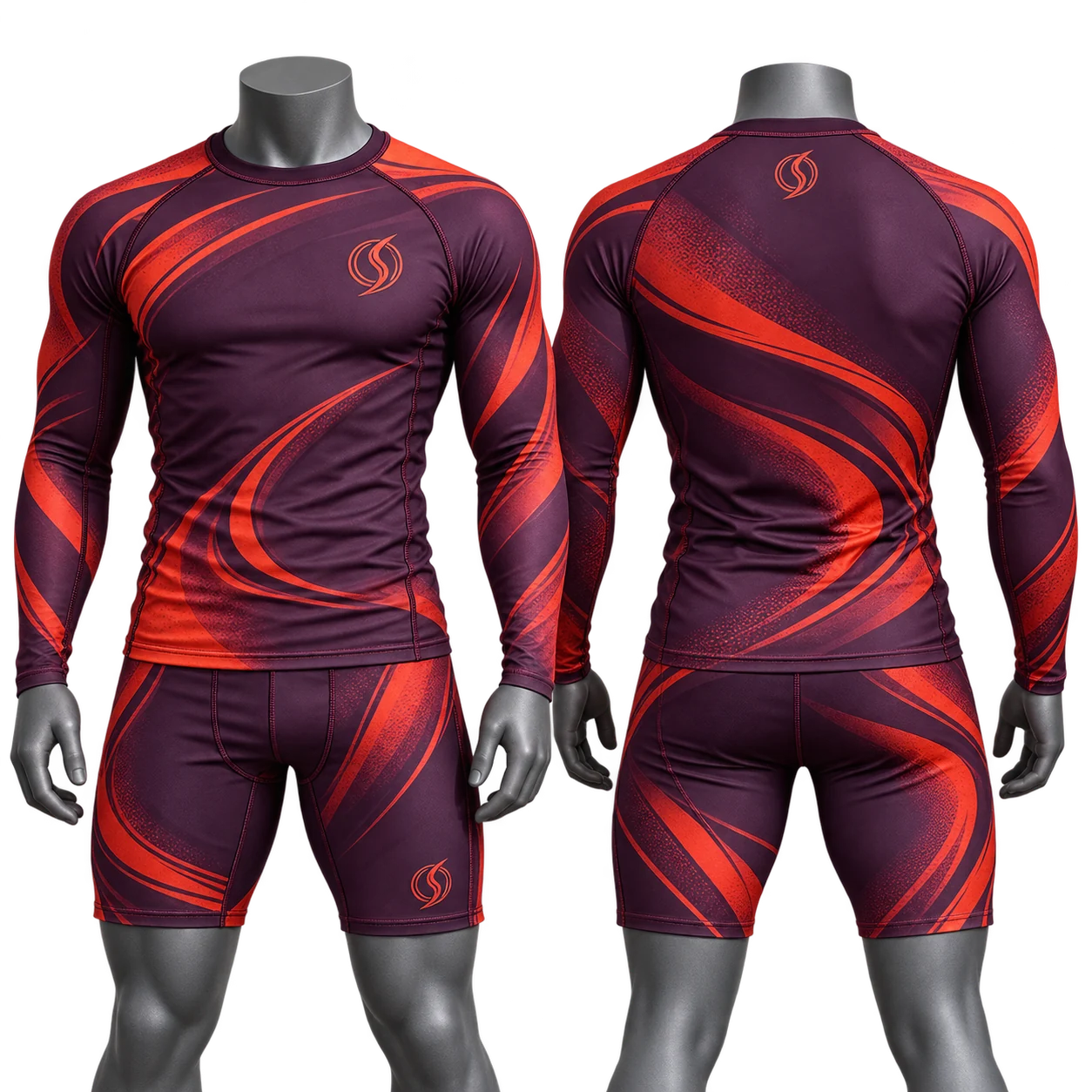 Aubergine MMA training rashguard and compression shorts with original sublimated panels