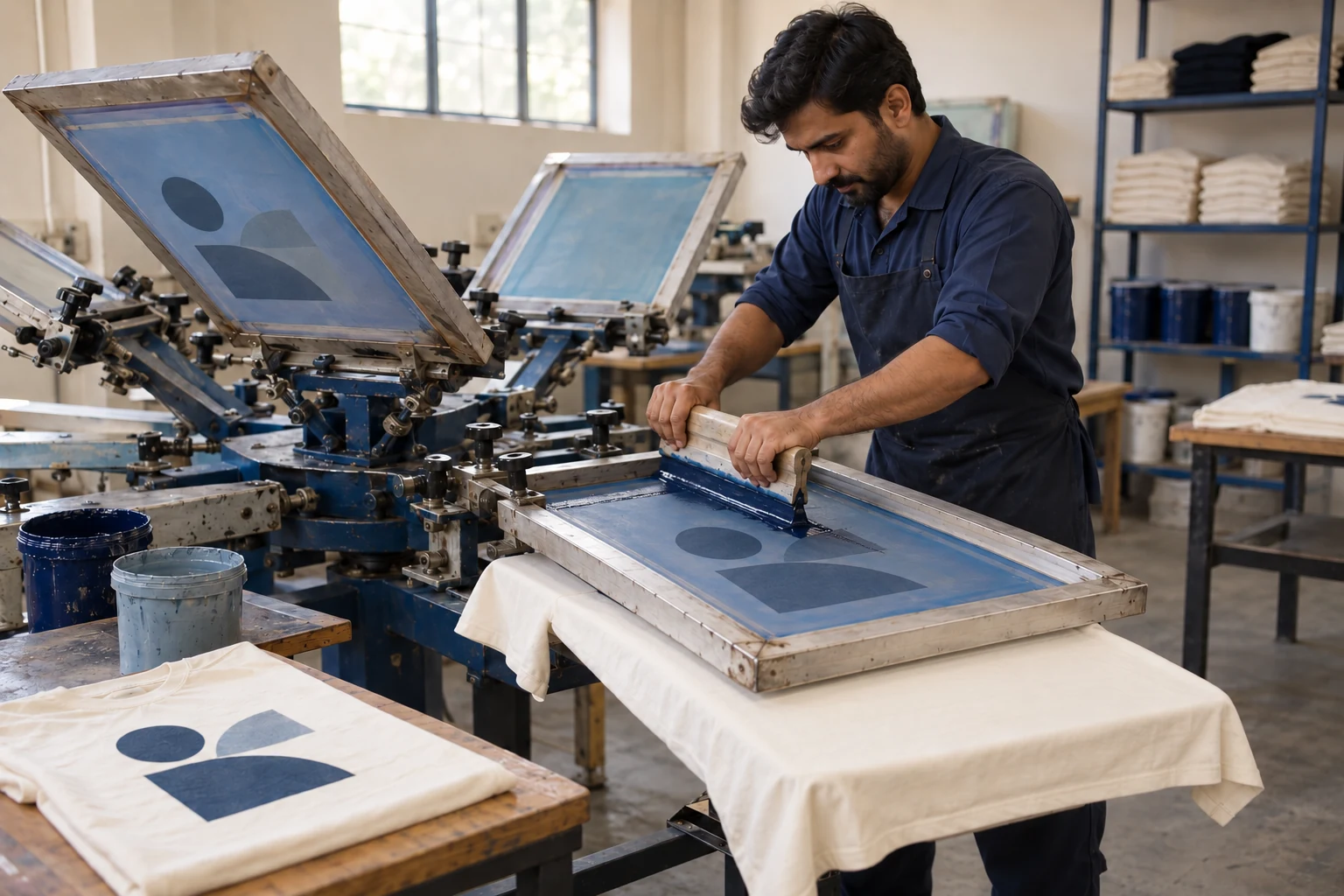 Screen-printing illustration in a clean Pakistani apparel workshop. AI-generated illustration, not Oversky facility evidence.