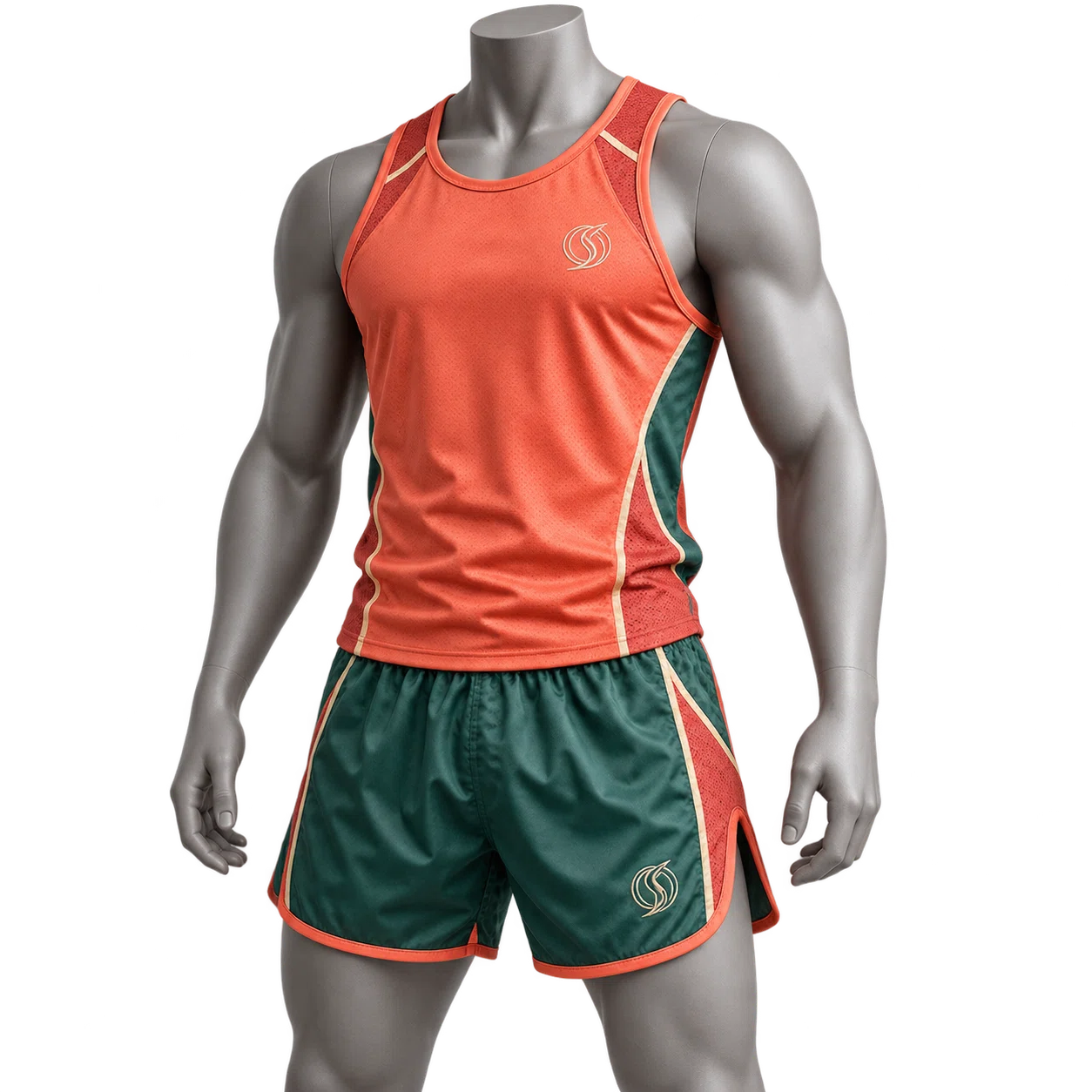 Coral training top and jade Muay Thai gym shorts on a mannequin