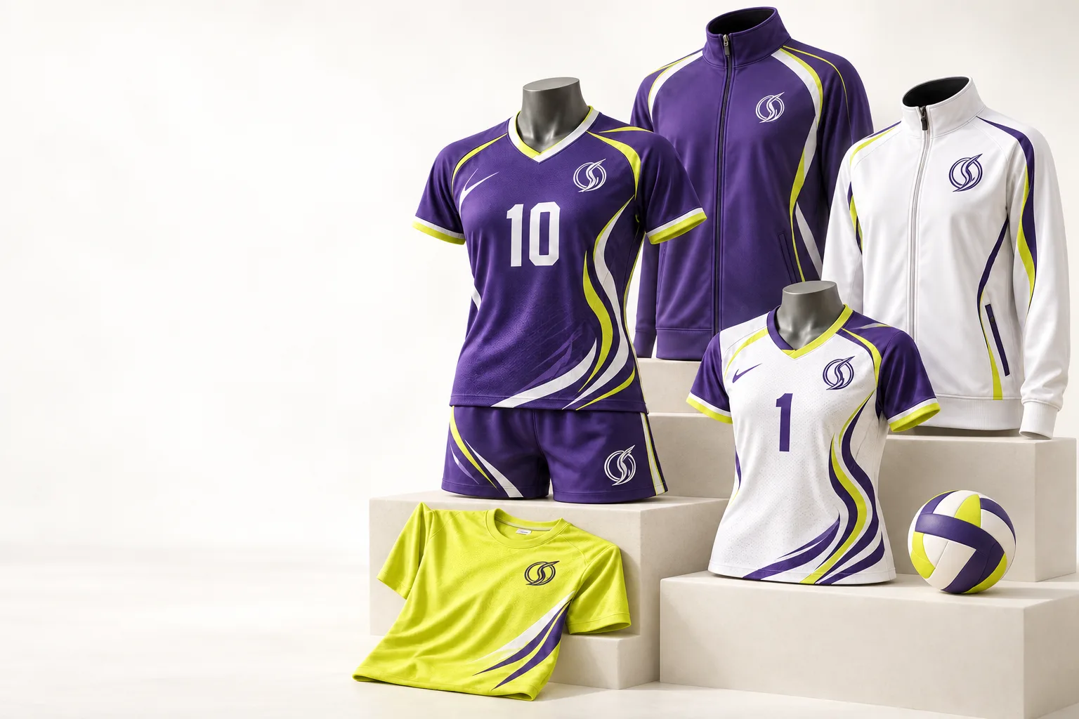 Volleyball match, training, warm-up and travel garments arranged for a team collection