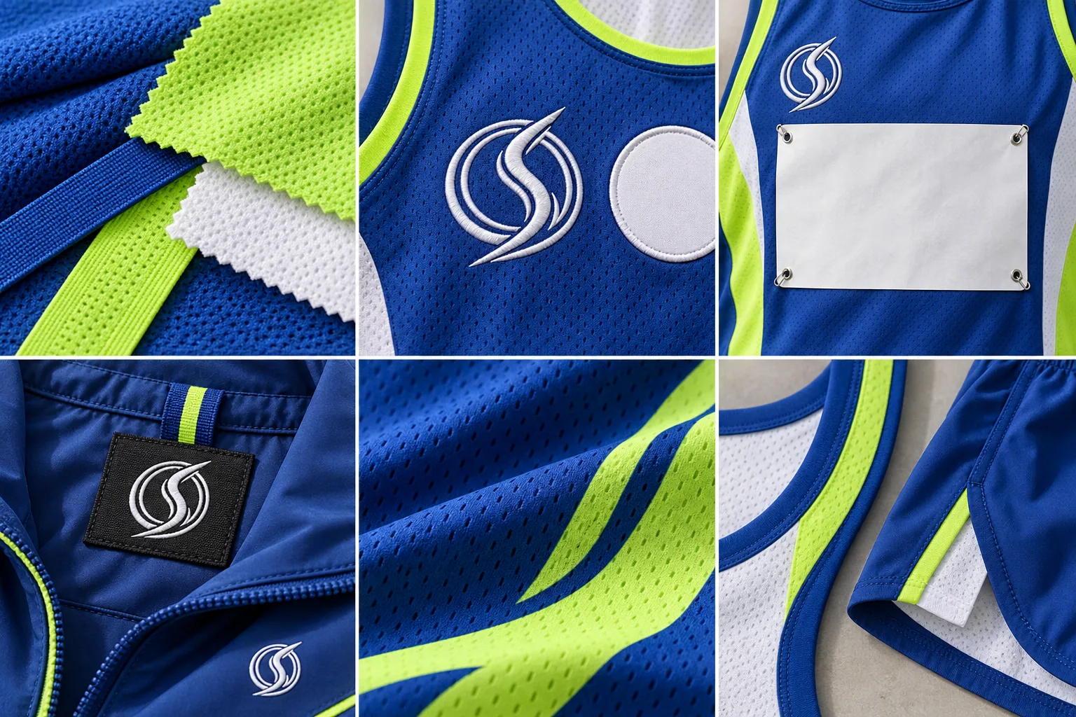 Athletics fabric and trim swatches in Royal blue, neon lime, white