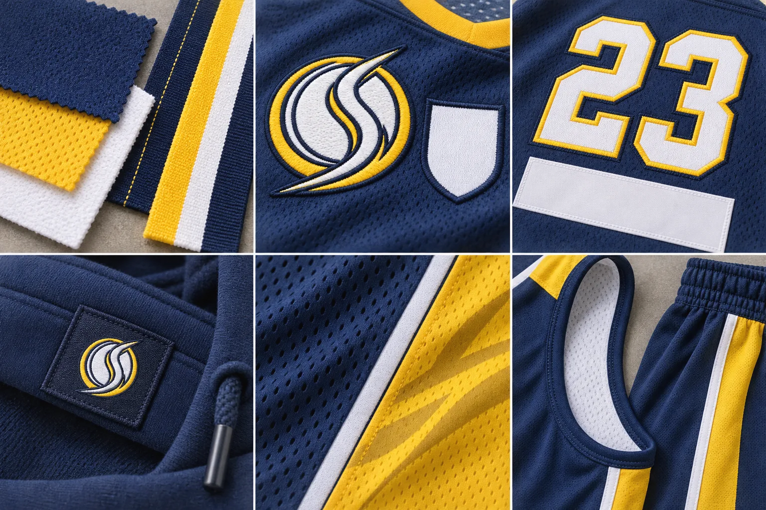 Lacrosse fabric and trim swatches in Sapphire, bright yellow, white