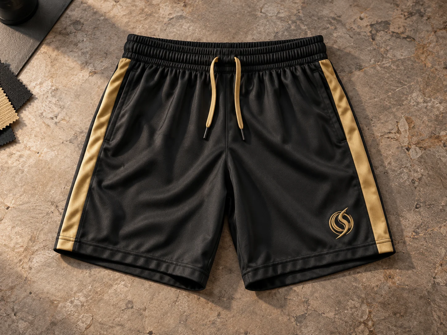 Black football shorts with gold side trim and integrated Oversky concept emblem