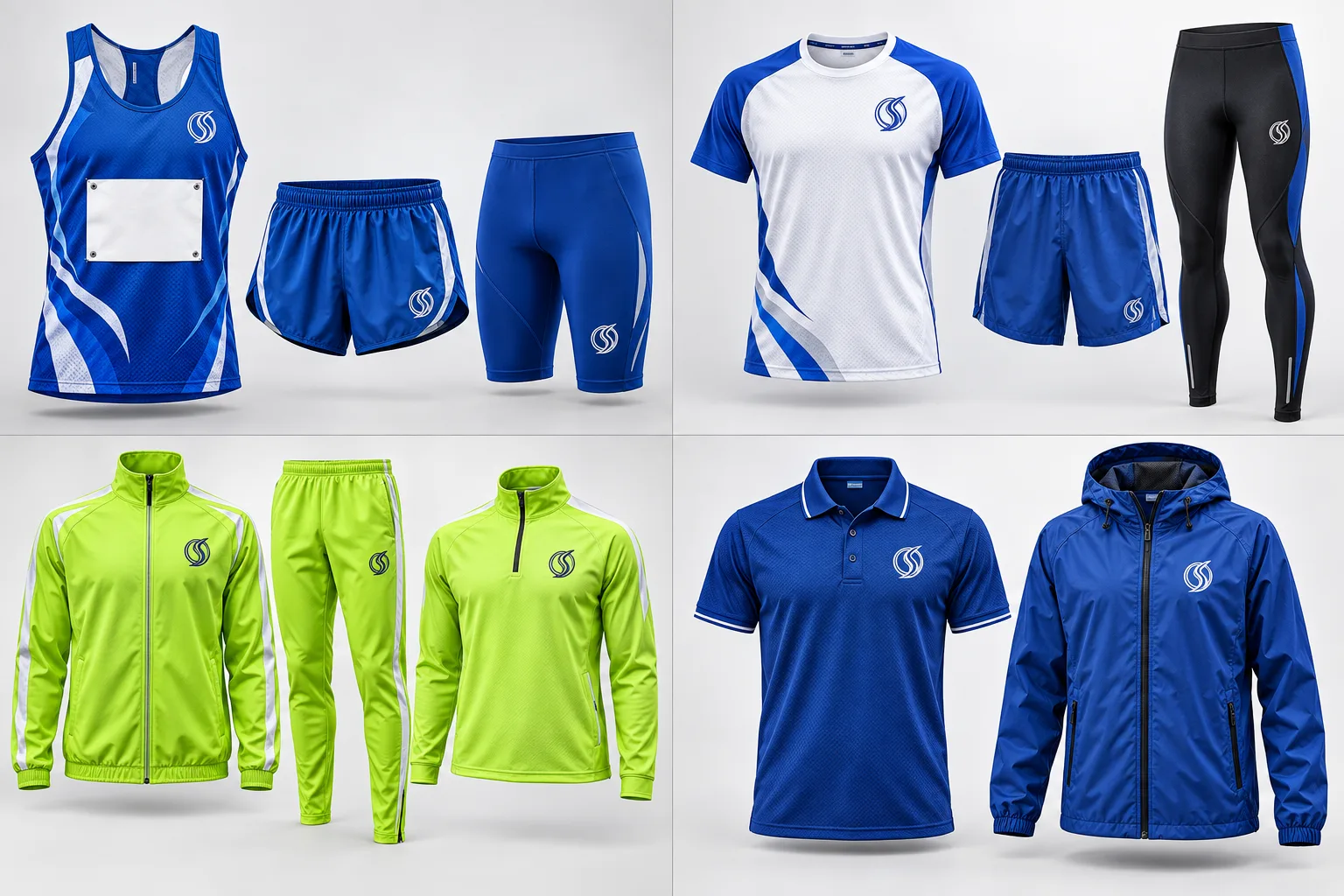 Athletics match apparel in Royal blue, neon lime, white