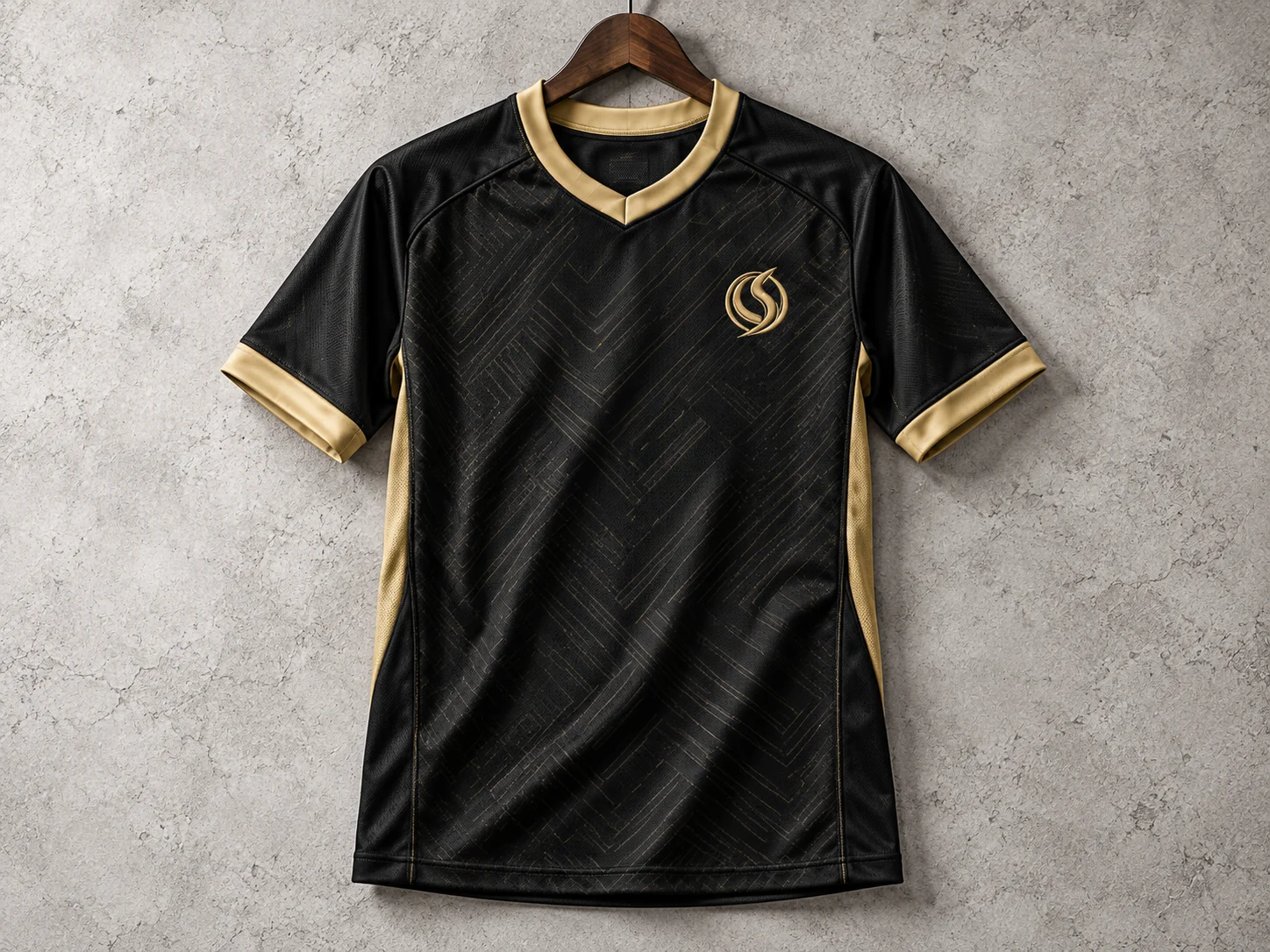 Black football jersey with gold collar and integrated Oversky concept emblem
