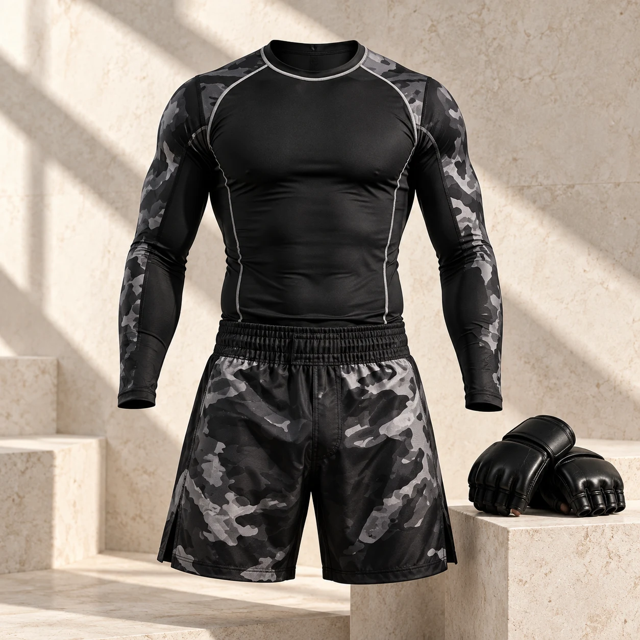 Black and grey camouflage MMA rashguard and fight shorts
