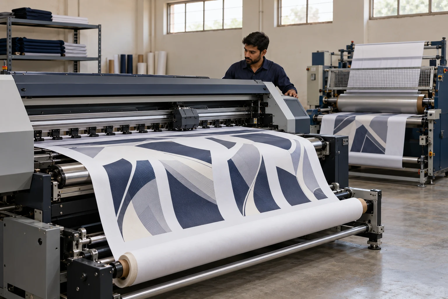 Sublimation-printing illustration in a clean Pakistani apparel workshop. AI-generated illustration, not Oversky facility evidence.