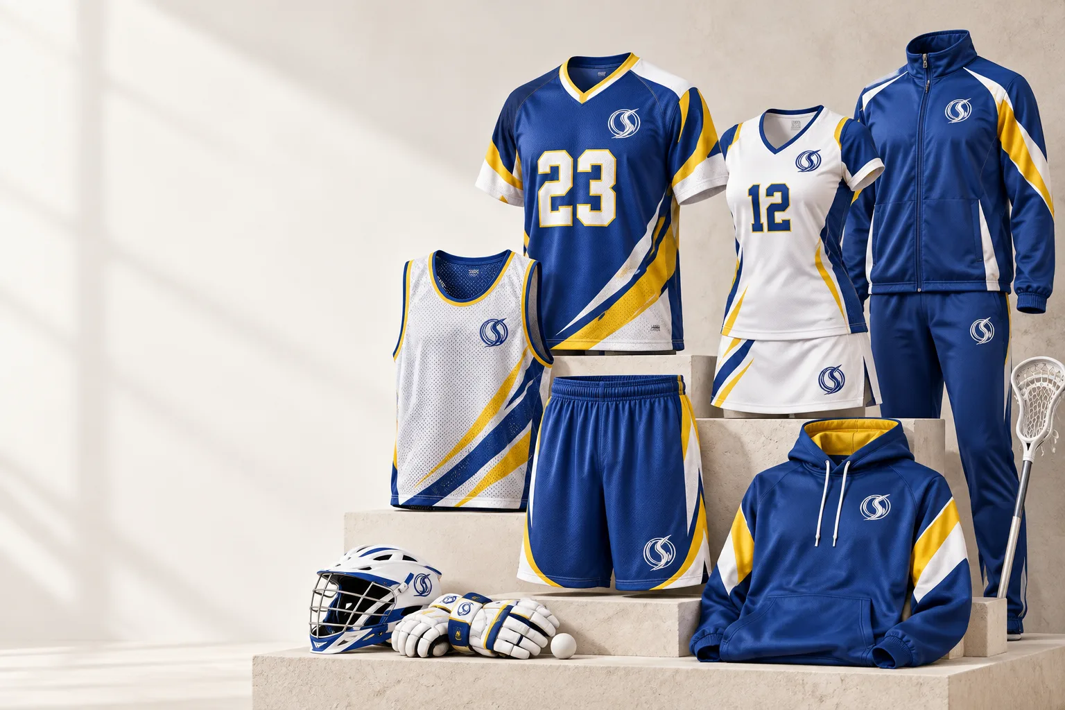 Lacrosse match, training, warm-up and travel garments arranged for a team collection