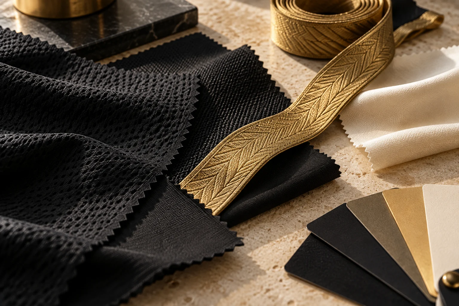 Black, aged-gold and ivory football apparel swatches on a limestone design table
