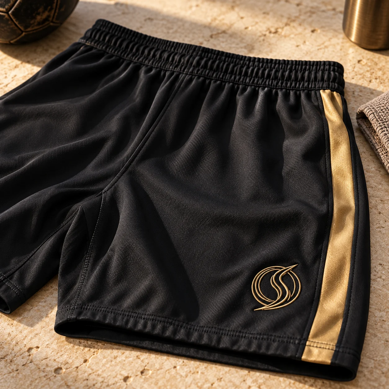 Black football shorts with gold waistband and side trim