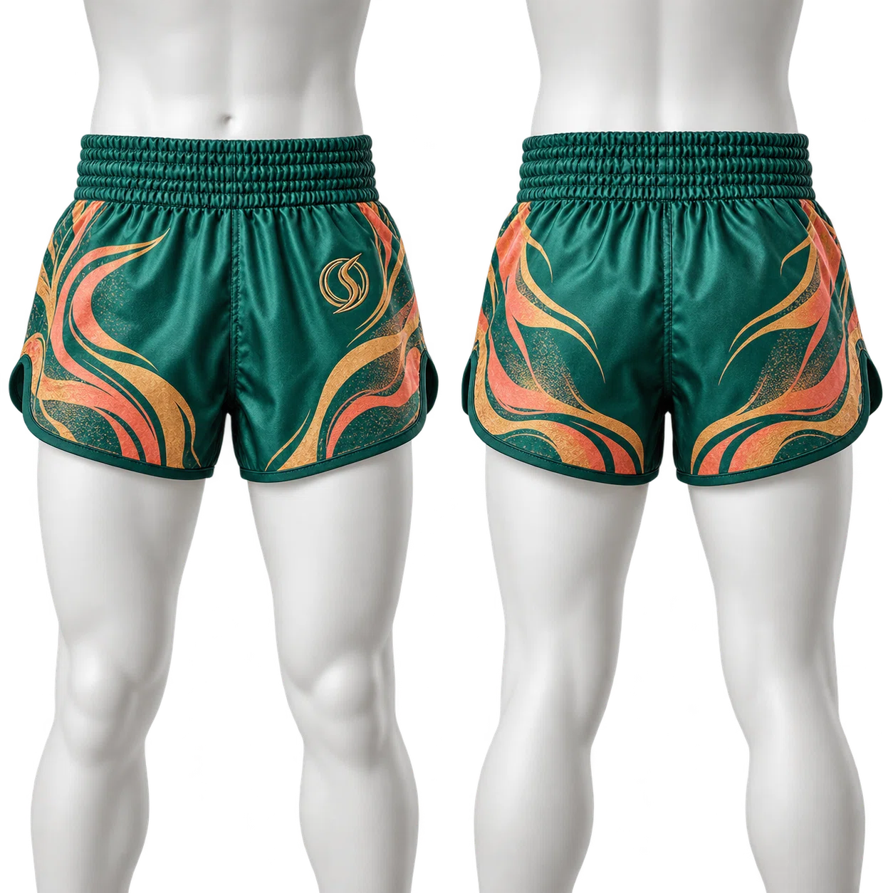 Jade Muay Thai shorts shown front and back with saffron and coral motif